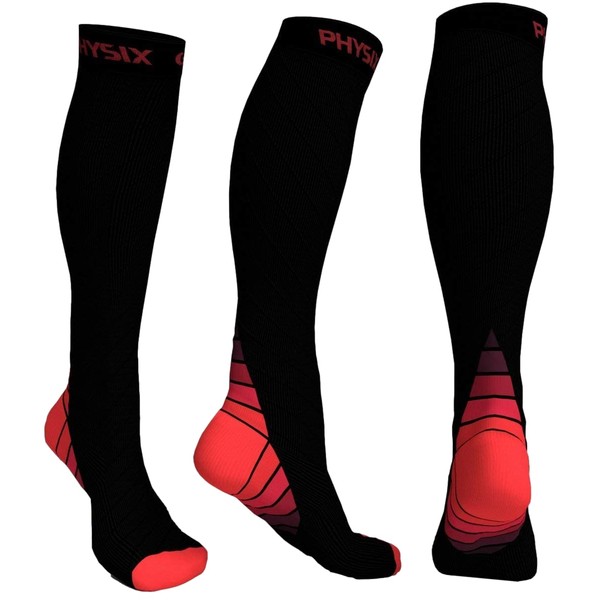 Physix Gear Sport Calcetines de compresión, los mejores calcetines compresión mujer y hombre para el dolor de pies y gemelos, medias de compresión hombre y mujer, 1 par, L/XL, negro/rojo