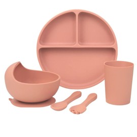 Nap Baby Set de Alimentación para Bebé/Toddler de silicón, libre bpa, silicona de grado alimenticio - Vajilla de 5 piezas (Plato, Bowl, Cuchara, Tenedor y Vaso) Chic, Elegante, único - Palo Rosa