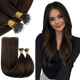 RUNATURE Nano Beads Hair Extensions Invisible Nano Hair Extensions Human Hair Straight Nano Tip Hair Nano Ring Hair Extensions Darkest Brown Balayage Medium Brown 12 Inch 40g 50 Strands