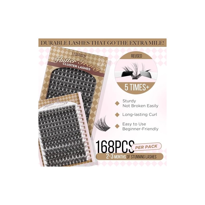 LASHVIEW Eyelash Extension Clusters, 168 Pieces, D Curl Clusters, Eyelash