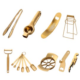Gold Kitchen Accessories Set Tools Garlic Press Bottler Wine Opener Measuring Spoons Lemon Squeezer Vegetable Peeler Apple Cutter Kitchen Tongs Dish Holder Ice Tongs, Buyer Star, Dish Washer Safe…