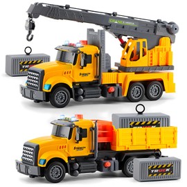 LerBao 2Pcs Large-Size Construction Engineering Truck Toy Set,Lifting Arm Crane & Lifting Transport Truck Construction Toys,for Boys Kids Toddlers Birthday