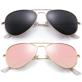 Pro Acme Classic Polarized Aviator Sunglasses for Men and Women UV400 Protection (2 Pairs) Gold Frame/Black Lens + Gold Frame/Pink Mirrored Lens