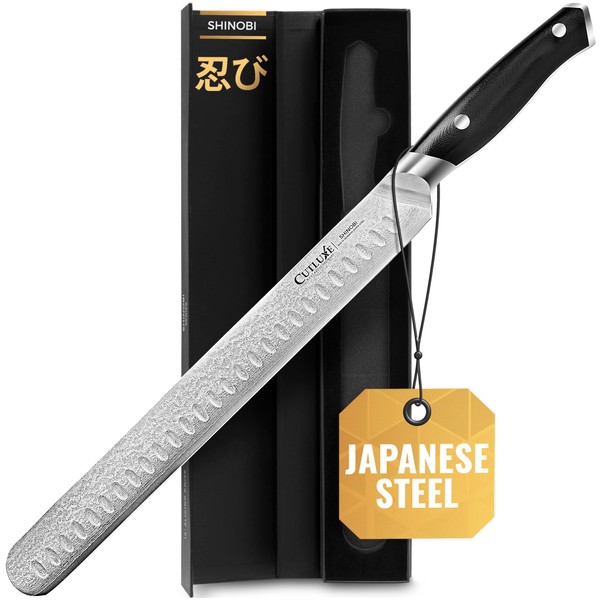 Cutluxe Carving Knife - Damascus Knife 30 cm, Meat Knife, Kebab Knife - Japanese Blade - Damask Kitchen Knife Made of AUS-10 Steel - Continuous Erl & Ergonomic G10 Handle - Shinobi Series