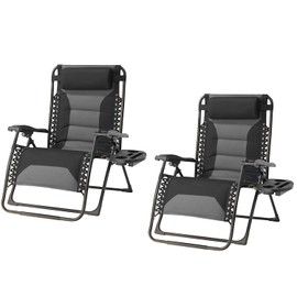 Foristrail Zero Gravity Chair Set of 2 Oversized Padded Recliner with Adjustable Headrest & Cup Holder - 600D Oxford Folding Lounge Chair for Outdoor Camping, Patio, Poolside (Black & Gray)