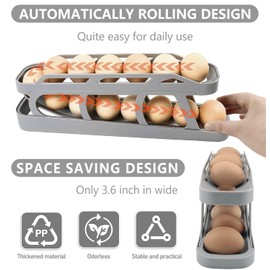 Eierhalter für Kühlschrank, 2 Etagen Rollender Eier Aufbewahrung Kühlschrank, Rutschfeste Unterseite Kühlschrank Organizer Eier (Gray)