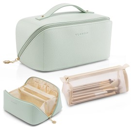 Vlando Large Capacity Travel Cosmetic Bag - Makeup Bag, PU Leather Waterproof Cosmetic Bag, Mint Green