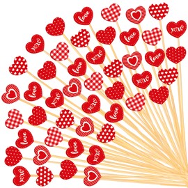 JarThenaAMCS Valentine's Day Cocktail Picks Multiple Red Heart Handmade Toothpicks Decorative 6 Styles Garnish Sticks For Wedding Anniversary Birthday, 120Pcs