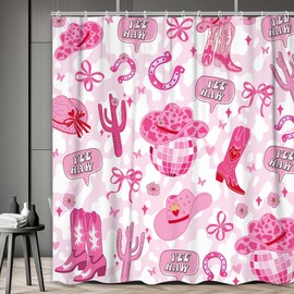 MDUKOIN Pink Shower Curtain, Western Cowgirl Cute Disco Shower Curtain for Bathroom Decor, Cow Print Abstract Boots Hat Bow Girls Cloth Fabric Shower Curtain Set with Hooks, 72X72IN