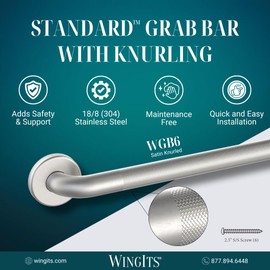 WingIts WGB6SSKN18 STANDARD Grab Bar, Diamond Knurled Grip, Concealed Mount, Satin Knurled Stainless Steel, 18-Inch Length by 1.50-Inch Diameter (21-Inch Overall Length)