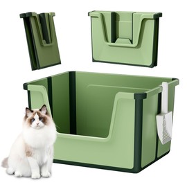 Stryfull Collapsible Portable Cat Litter Box, Anti-Splashing High Sides Kitty Litter Pan, Foldable Travel Kitten Litter Box with Bonus Scoop (Green)