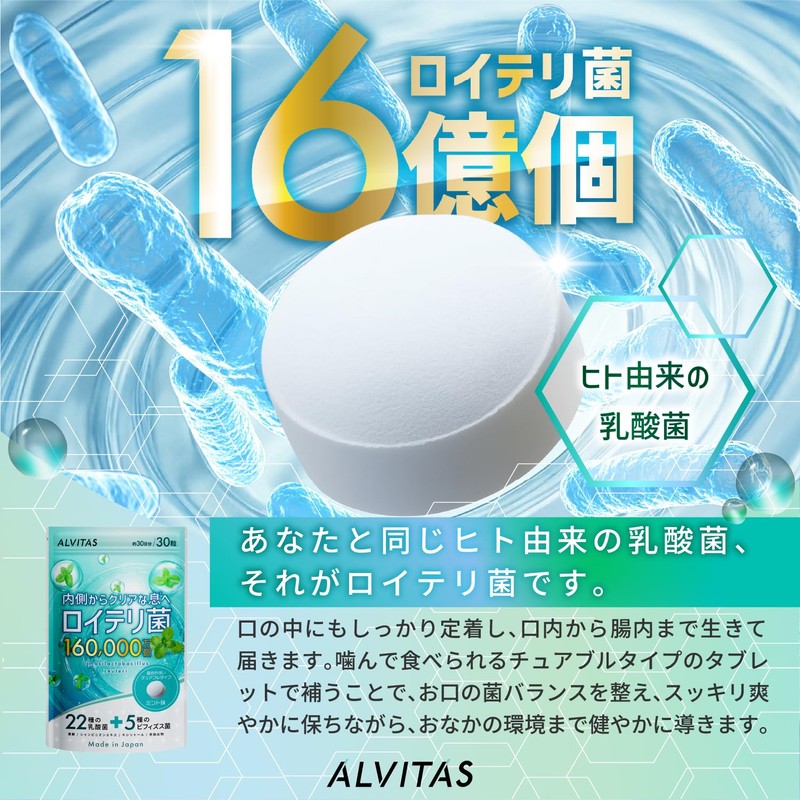 【高濃度 ロイテリ菌 480億個 x 22種の乳酸菌】生きた ロイテリ菌 サプリメント 30日分 ミント味 ALVITAS