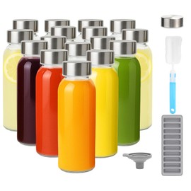 Zukro Glass Water Bottles with Lids 10.5 oz, 16 Pack Clear Reusable Glass Small Juice Bottles With Stainless Steel Cap for Juicing, Milk, Ginger Shot, BPA-Free Leak Proof 300ml Drinking Container Jar