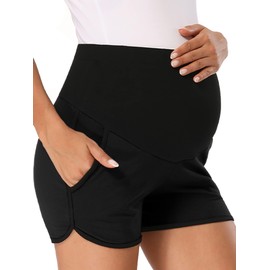 Shen&Qege Women's Maternity Shorts Lounge Stretchy Yoga Pregnancy High Waist Elastic Shorts with Pockets Black