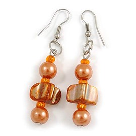 Orange/Peach Glass and Shell Bead Drop Earrings with Silver Tone Closure - 6cm Long