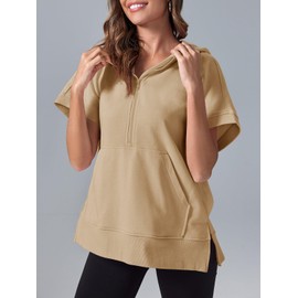 Fisoew Womens Oversized Half Zip Hoodies Short Sleeve Casual Sweatshirts Pullover Tops with Pockets Khaki