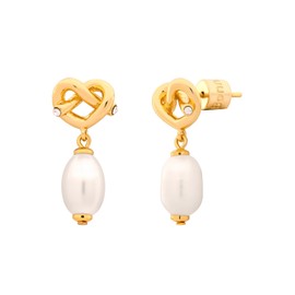 Alicia Bonnie Gold Love Knot Pearl Drop Earrings - Entwined Heart Pretzel Design, Brass, white crystal pearl