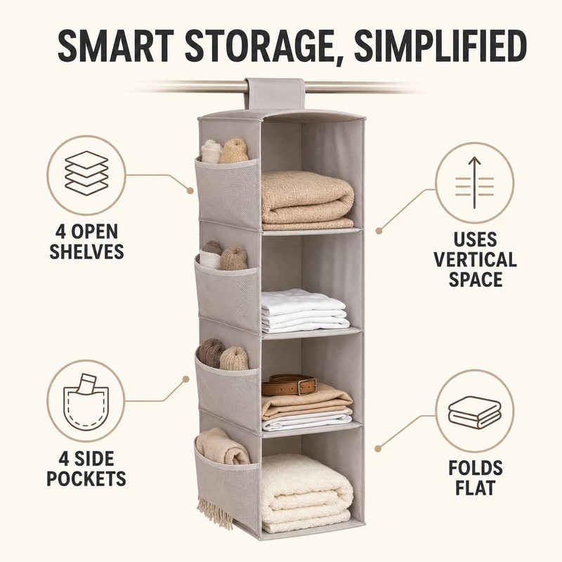 Foldable Hanging Closet Organizer with Mesh Side Pockets, Washable Non-Woven