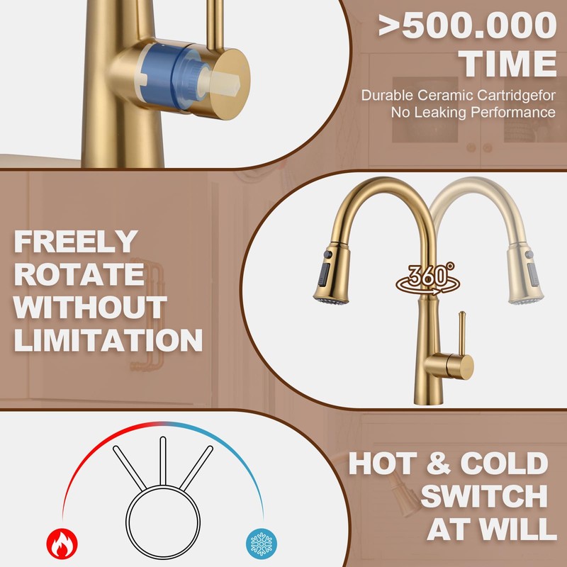 WOWOW Kitchen Faucet with Sprayer,Gold Single Handle High Arc Stainless