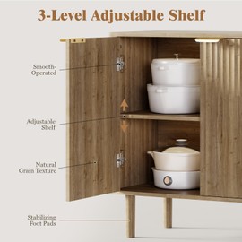 IKALIFE Sideboard Buffet Cabinet with Storage, Modern Fluted Accent Credenza with Doors & Adjustable Shelves, Wood Coffee Bar Console Table for Living Room, Dining Room, Kitchen or Entryway 31.5" Oak