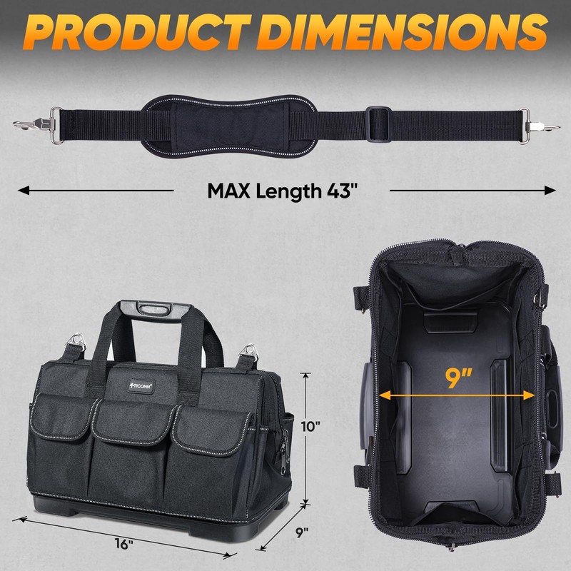 TICONN Heavy Duty Tool Bag with Multi-Pockets, Portable Tool Box