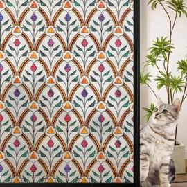 DKTIE Stained Glass Window Film Geometric Patterns, Fine Frosted Window Clings for Glass Windows, Waterproof for Bathroom Window Privacy Film Day and Night (B534-UV7, 17.7 x 78.7 Inches)