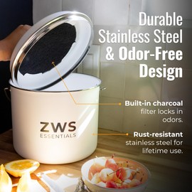 ZWS Essentials White Stainless Steel Compost Bin | 6.5L Odor-Free Kitchen Countertop Food Scrap Pail with Charcoal Filter | Compact Zero Waste Solution for Home and Apartment Kitchens