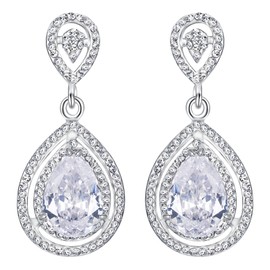 Flyonce Austrian Crystal CZ Wedding Teardrop Pierced Dangle Earrings Clear Silver-Tone