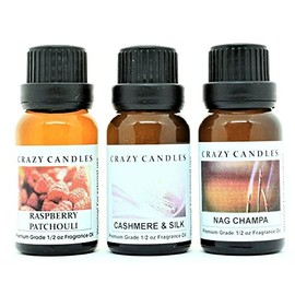 Crazy Candles 3 Bottles Set, 1 Raspberry Patchouli, 1 Cashmere & Silk, 1 Nag Champa 1/2 Fl Oz Each (15ml) Premium Grade Scented Fragrance Oils