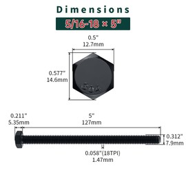 5/16-18 x 5" Hex Bolts with Nuts and Washers (6 Sets), 18-8 (304) Stainless Steel, External Hex Drive, Black Oxide Coated Hexagon Head Bolts Screws, Fayeploo