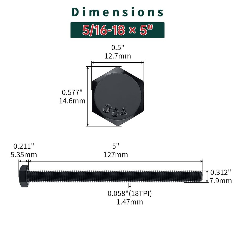 5/16-18 x 5" Hex Bolts with Nuts and Washers (6