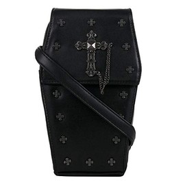 GOTHX Mini Black Coffin Metal Silver Cross | Steam Punk Rock Goth Gothic Backpack Cross Body Small Handbag | PU Vegan Leather Bag
