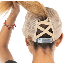 H-216-783-3184 Distressed Ponycap - Mesh - Blue Camo W/ Criss Cross Back