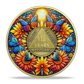 8 Year Sobriety Coin Gifts Set | Sunflower & Butterfly Design AA Chip Medallion with Coin Capsule, Display Stand & Card | Sobriety Gifts for Anniversary Month & Year for Men & Women in Recovery