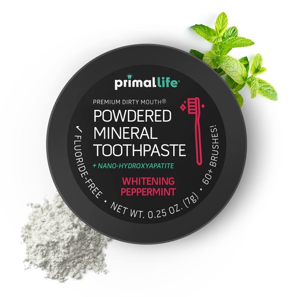 Primal Life Organics -Dirty Mouth Toothpowder, Activated Charcoal Tooth Cleaning Powder, Essential Oils, Hydroxyapatite, Kaolin, Bentonite Clay, 60+ Brushings, Organic, Vegan Black Peppermint 0.25oz