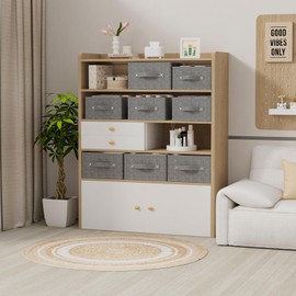 ENUMAIL Pack of 2 Storage Baskets for Shelves, Foldable Fabric Storage Box Made of Linen, Storage Baskets with Handles for Cupboard, Open Fabric Containers, 41 x 25 x 16.5 cm, Grey