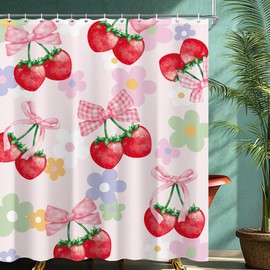 CINEKER Coquette Pink Bow Strawberry Shower Curtain Sets for Bathroom 60Wx72H Flower Y2K Shower Curtain Groovy Girly Preppy Polyester Bathtub Curtain Aesthetic Fruit Cute Bathroom Decor with 12 Hooks