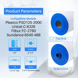 POOLPURE Spa Filter Replaces Sundance 6540-488, PSD125-2000, Unicel C-8326, Filbur FC-2780, Aladdin 22507, Baleen AK-70013, Magnum SU125, 125 sq.ft Filter Cartridge