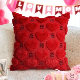 Mothers Day for Mom Gift, Best Mom Ever Embroidered Throw Pillow Covers 18x18 in, Red Heart Pillowcase Soft Plush Faux Wool Couch Birthday Gifts for Love Mother Grandma Wife