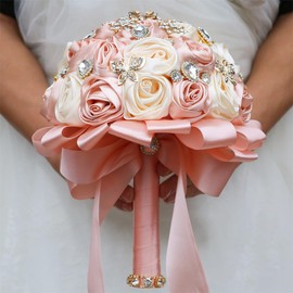 Mhojpik 8.7" Peach Pink & Cream Bridal Wedding Bouquet Round Bling Brooch Bouquet Throw Toss Artificial Rose Flower Bunch for Bride Bridesmaid Wedding Quinceanera