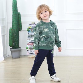 Baby Boy 2 Piece Green Sweatsuits Fall Sweatshirt Sweatpants Set 3T Dinosaur Long Sleeve Pullover Winter Navy Jogger Pants Outfit (Camouflage Dinosaur, 3T)