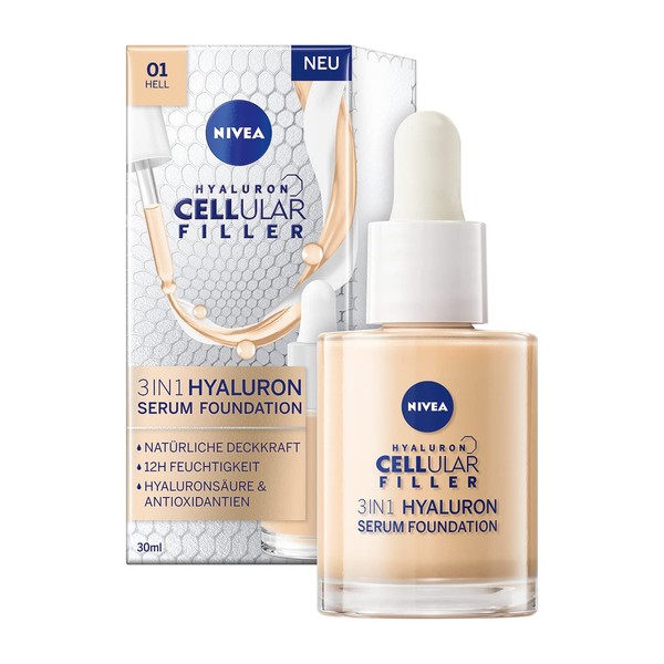 NIVEA 3-in-1 Hyaluronic Serum Foundation Light (30 ml), Anti-Age Foundation