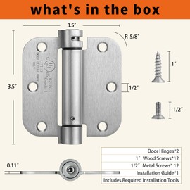 PTSOC Self-Closing Spring Loaded Door Hinges 3.5 Inch - Adjustable Tension for Garage/Front/Back/Indoor Doors, UL Listed Left & Right Hand Hinge, 5/8'' Radius Corners, Satin Nickel (2 Pack)