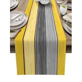 Ombre Lemon Yellow and Gray Farmhouse Table Runner Cotton Linen Retro Rustic Barn Wood Texture Non-Slip Rectangle Party Table Decorations for Kitchen ,Home ,Dining Table ,Outdoor,Small 13X36 Inches