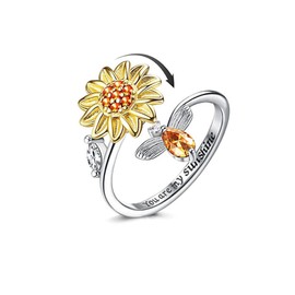 Sunflower Fidget Ring for Women, Open Adjustable Anxiety Ring, Daisy, Flower, Moonstone, Fancy Spinner Rings, Engraved 'You Are My Sunshine' Inside, Jewellery Gifts for Women and Girls