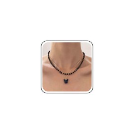 Aneneiceera Vintage Layered Black Pearl Choker Necklace Black Acrylic Butterfly Pendant Necklace Rosary Bead Necklace Boho Rice Pearl Chain Necklace Jewelry for Women