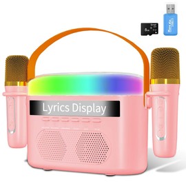 Karaoke Machine, Karaoke Machine for Adults Kids with Lyrics Display, Portable Bluetooth Dual Speaker with 2 Wireless Microphones, 7 Modes Night Lights, White Noise, 8G Card, Card Reader (Pink)