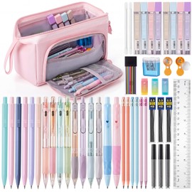 Eersida 47 Pcs Aesthetic School Supplies with Cute Pen Case, Mechanical Pencils 0.5mm, 0.7mm, 0.9mm & 2.0mm with Leads and Eraser Refills, Wood Pencils #2, for Writing, Drawing & Drafting (Pink)