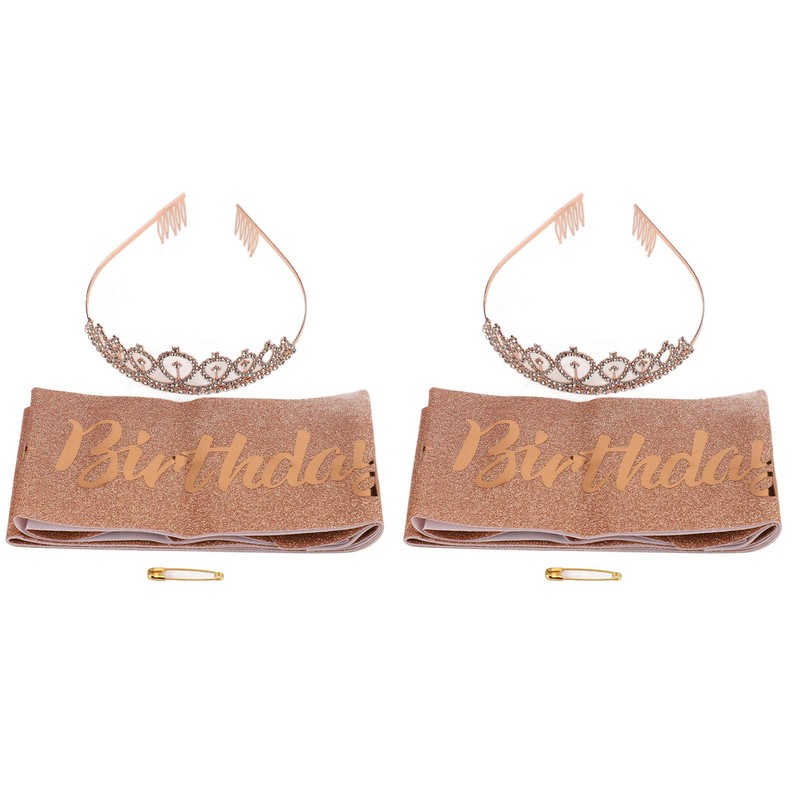 2 Sets Bridal Sash Rhinestone Tiara Kit Shiny Rose Gold