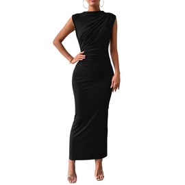 BTFBM Women's Ruched Bodycon Dress Summer Casual Sleeveless Back Slit Elegant Club Evening Party Cocktail Maxi Dresses(Solid Black, X-Large)